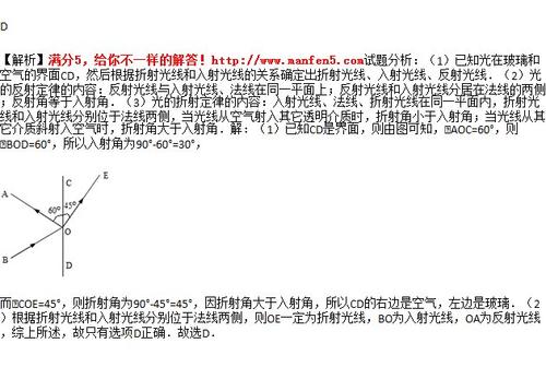 如图所示,光在玻璃和空气的界面cd同时配图