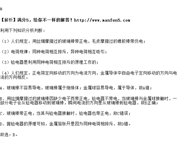 如图所示,用丝绸摩擦过的玻璃棒靠近验电器配图