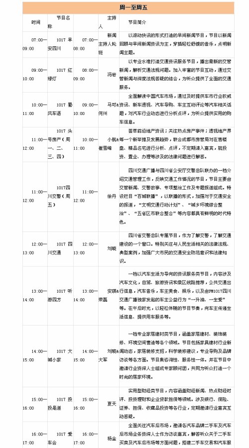 四川交通广播电台101.7节目表配图
