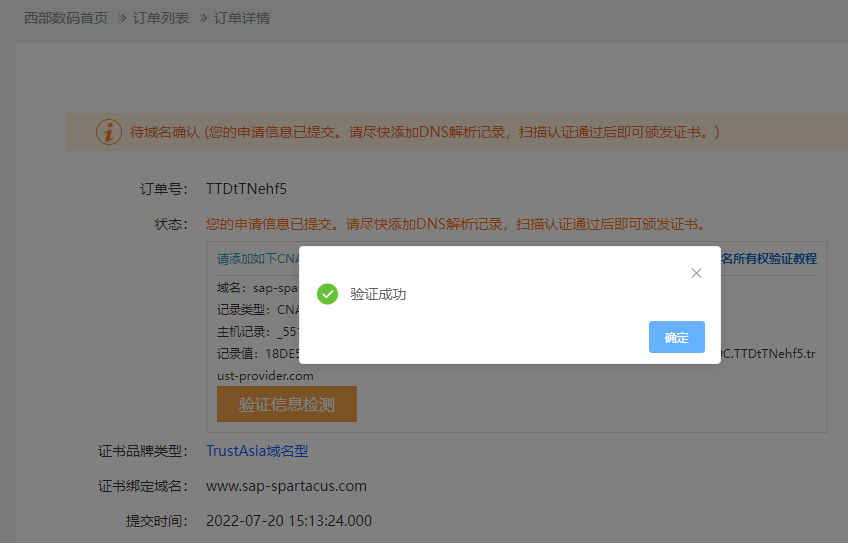 SSL证书, DNS验证已完成, 但还无法下载证书