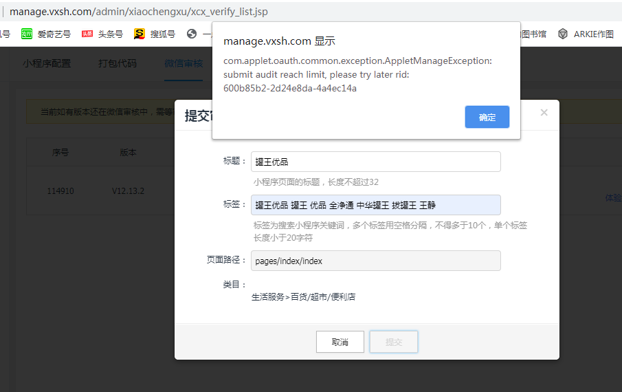 我配置好小程序后,点击提交审核,并没有显示成功