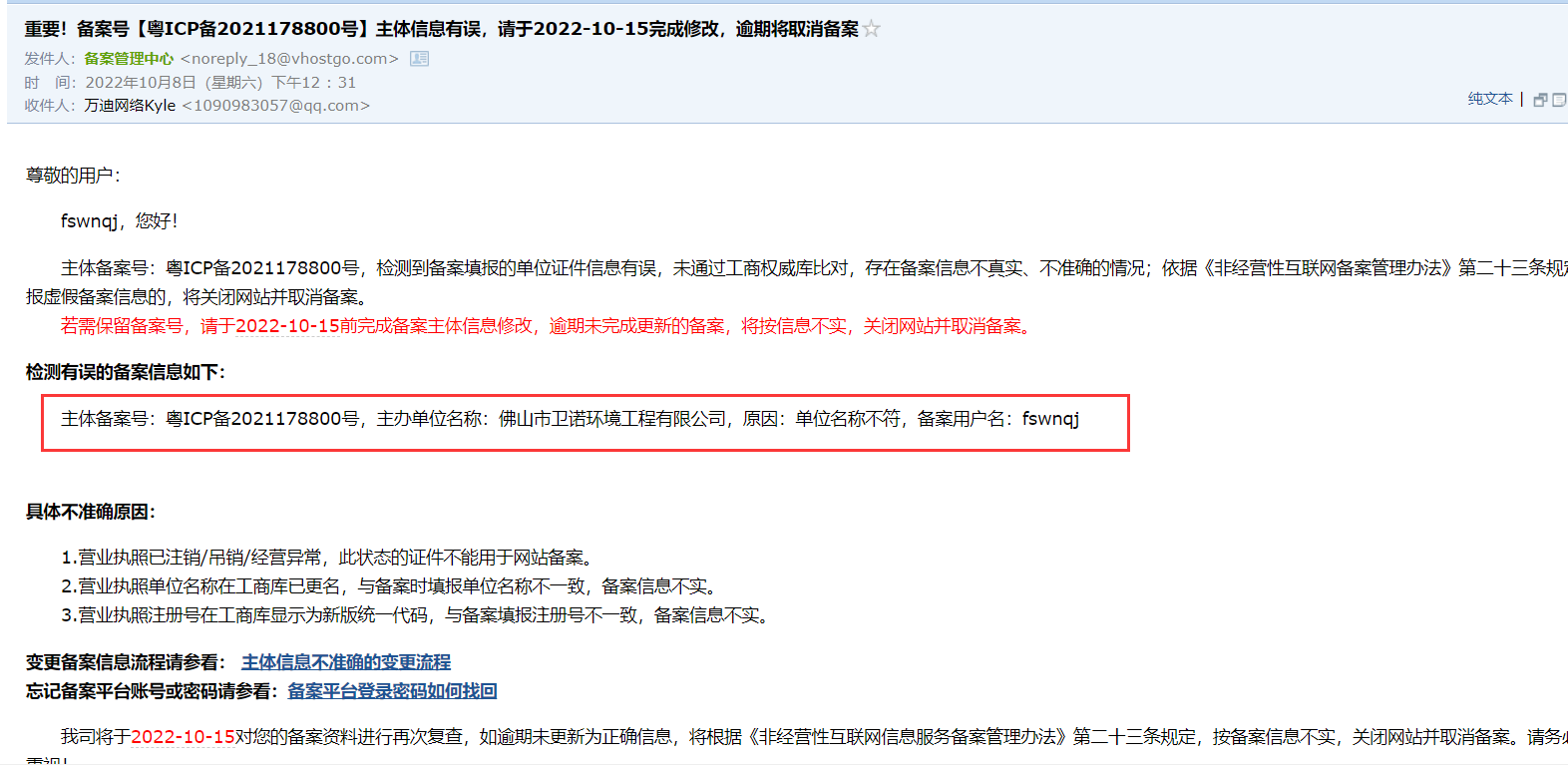 www.fswnqj.com备案主体信息有误邮件