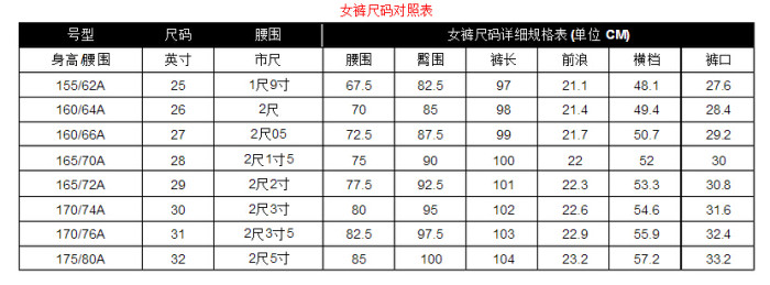 冬装女裤尺码表配图